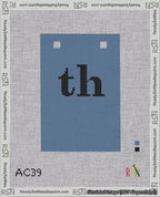 A taped needlepoint canvas with the design: Banner 18 mesh count Squared th Black on Blue.
