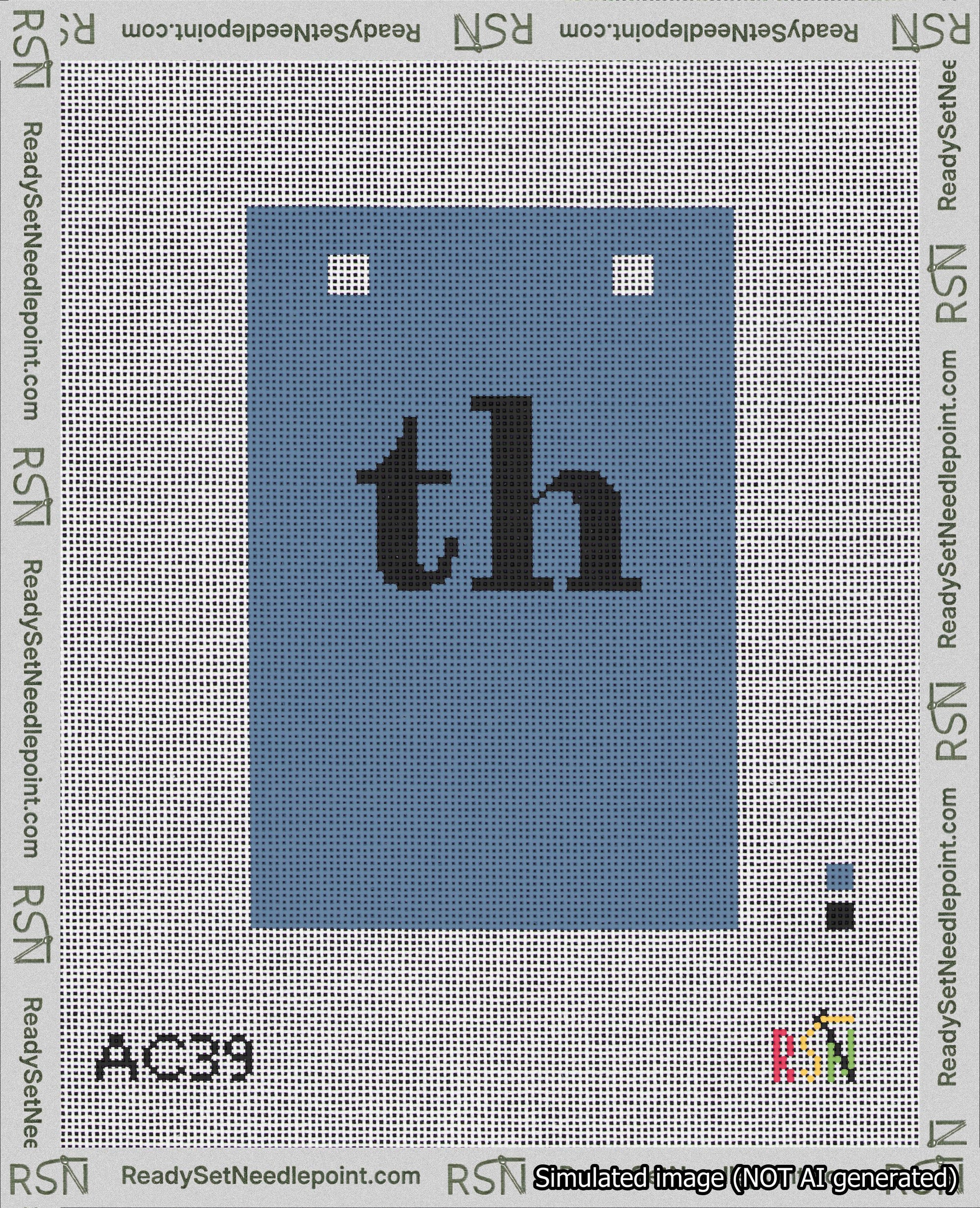 A taped needlepoint canvas with the design: Banner 18 mesh count Squared th Black on Blue.