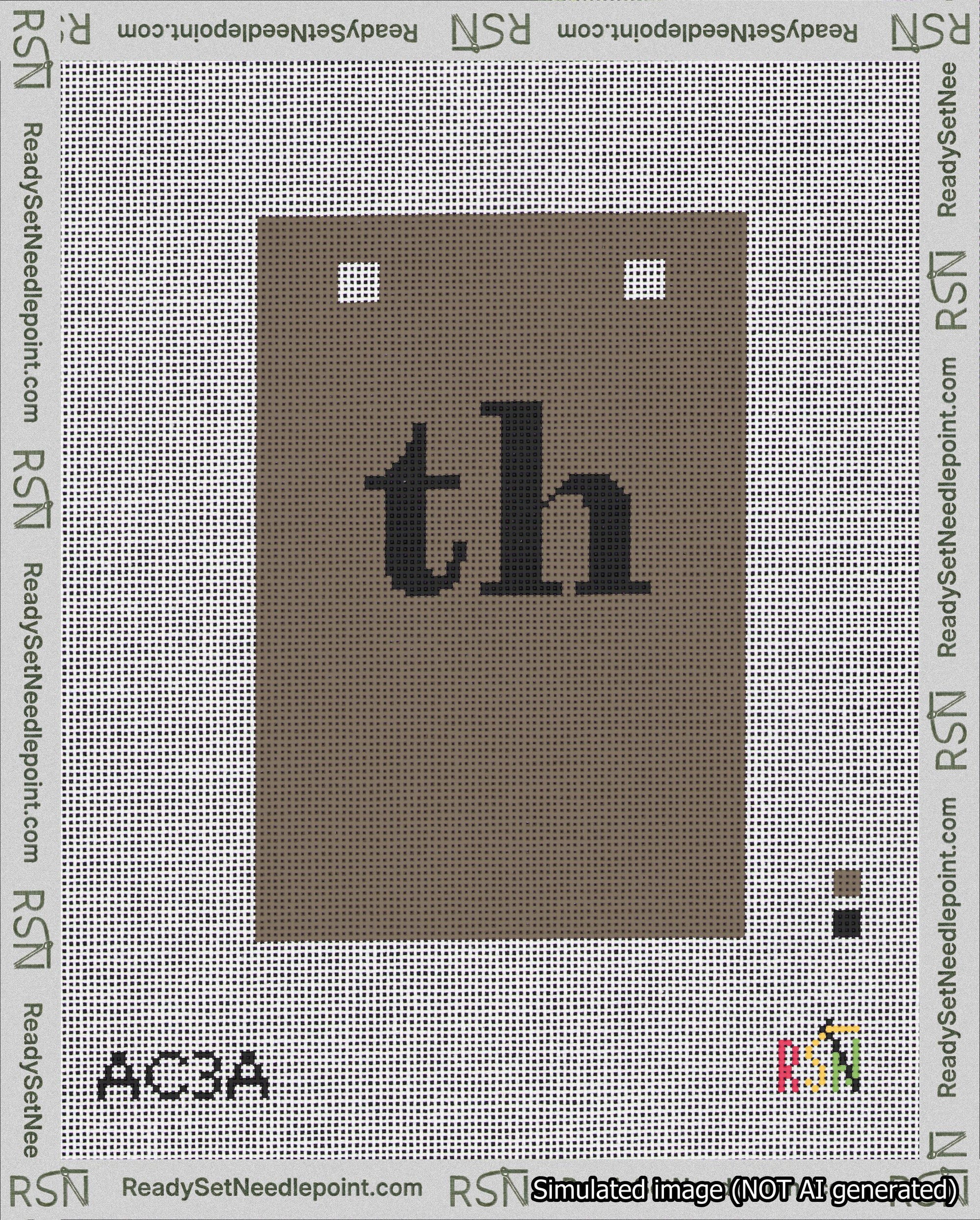 A taped needlepoint canvas with the design: Banner 18 mesh count Squared th Black on Brown.