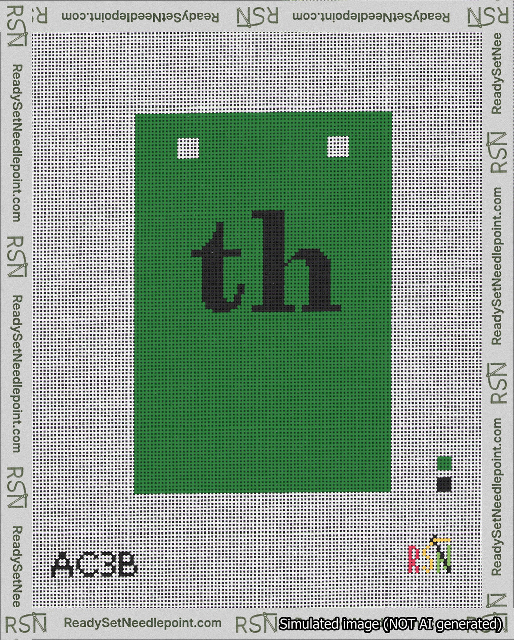 A taped needlepoint canvas with the design: Banner 18 mesh count Squared th Black on Green.