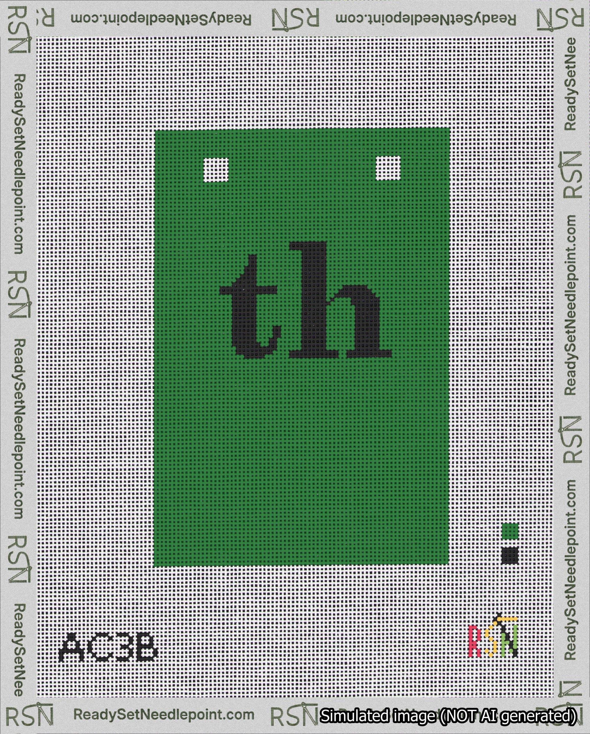 A taped needlepoint canvas with the design: Banner 18 mesh count Squared th Black on Green.