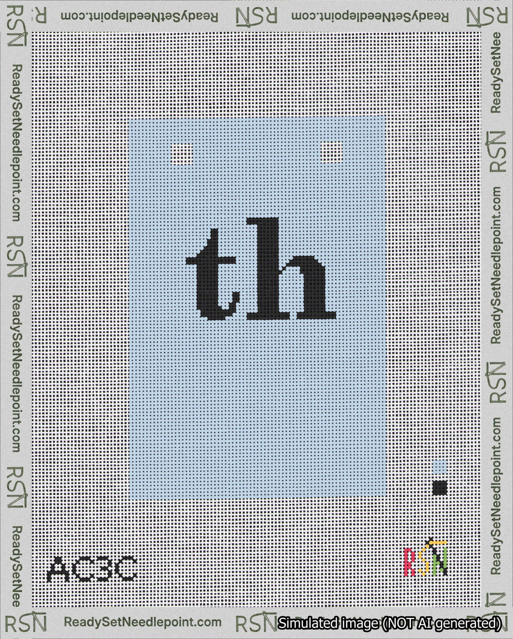 A taped needlepoint canvas with the design: Banner 18 mesh count Squared th Black on Light Blue.