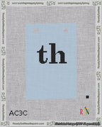 A taped needlepoint canvas with the design: Banner 18 mesh count Squared th Black on Light Blue.