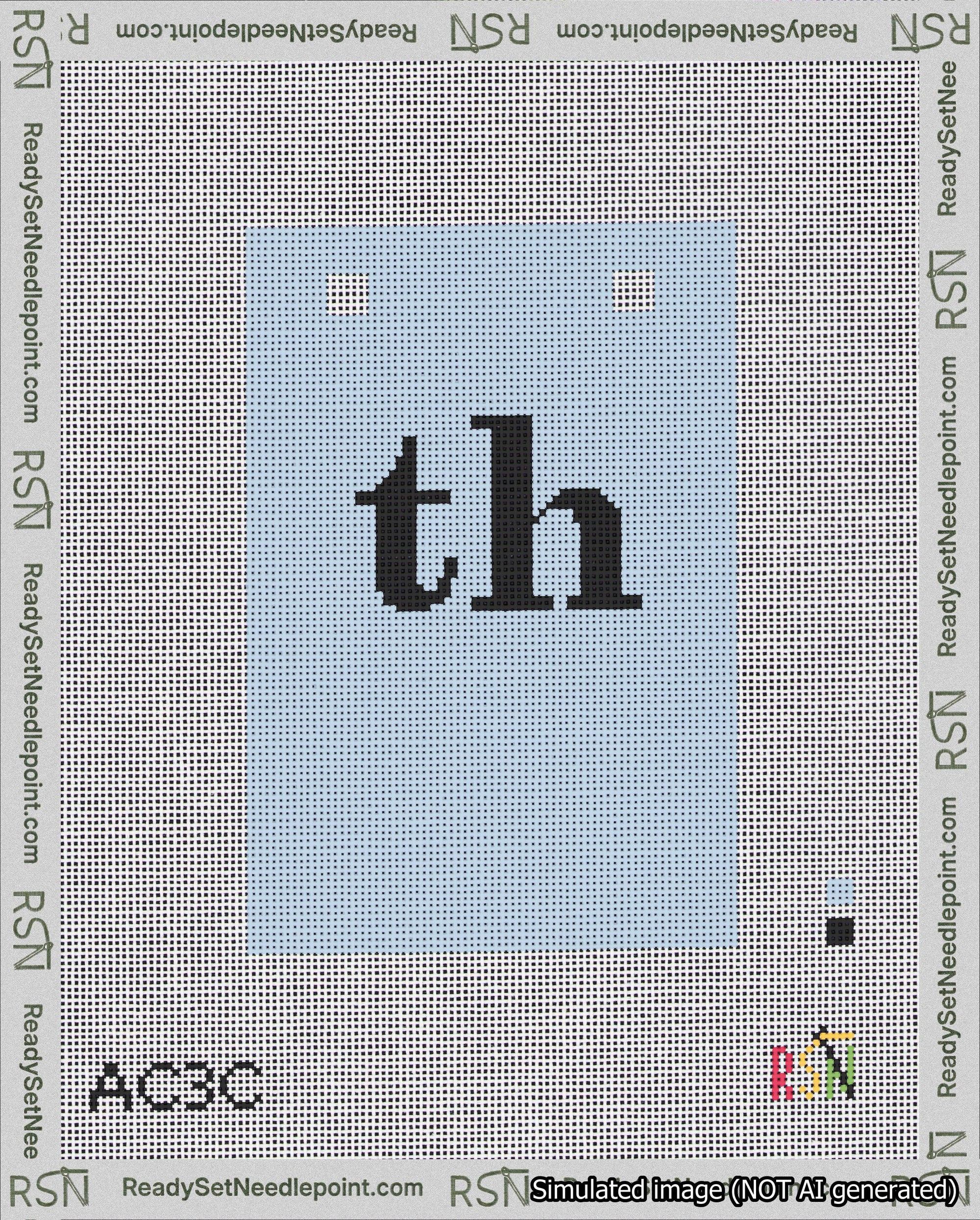 A taped needlepoint canvas with the design: Banner 18 mesh count Squared th Black on Light Blue.