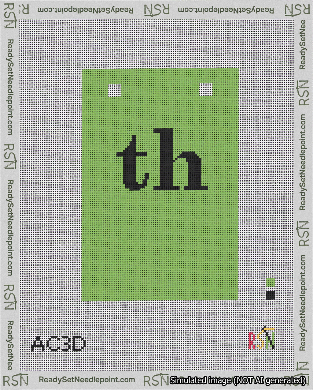 A taped needlepoint canvas with the design: Banner 18 mesh count Squared th Black on Light Green.