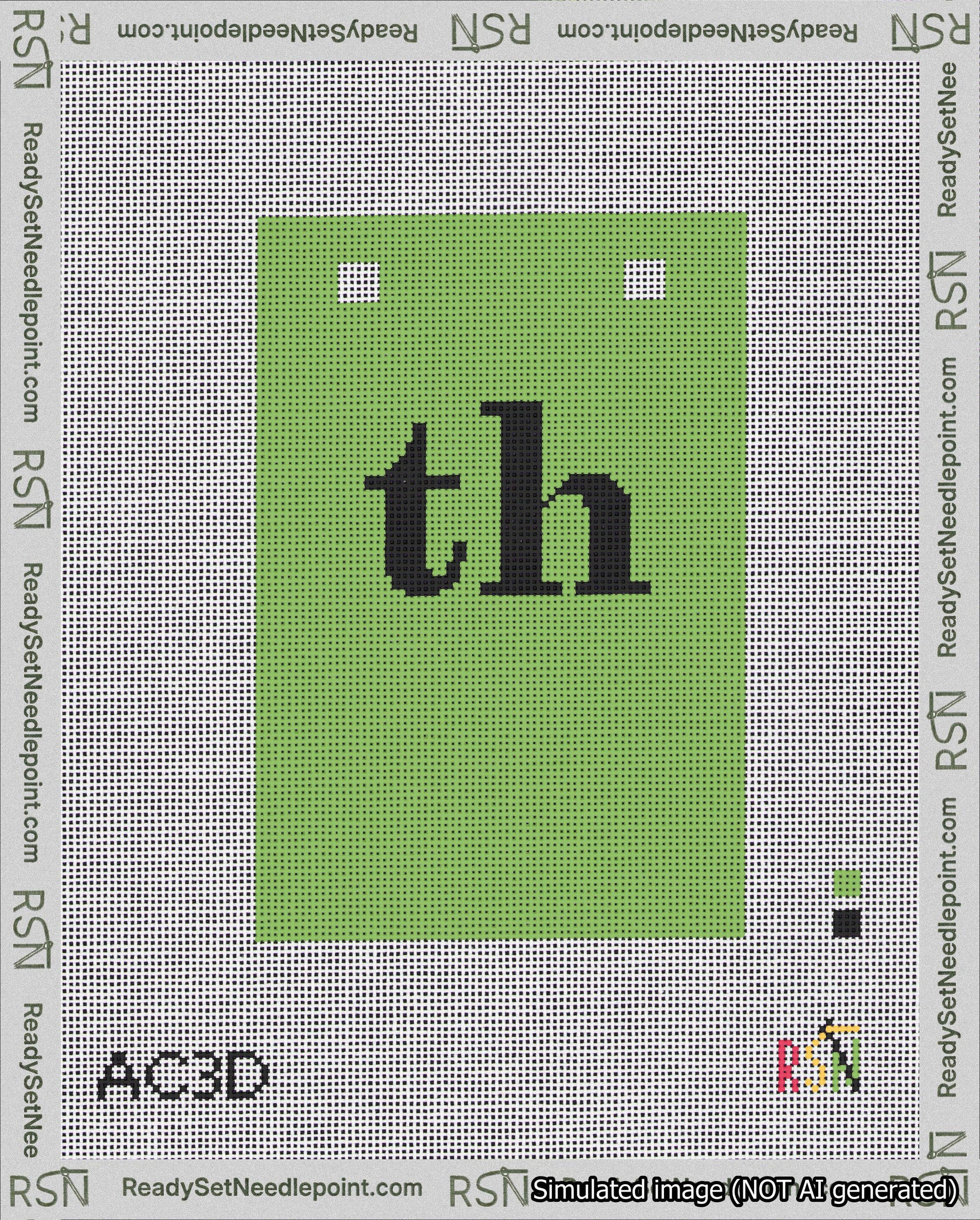 A taped needlepoint canvas with the design: Banner 18 mesh count Squared th Black on Light Green.