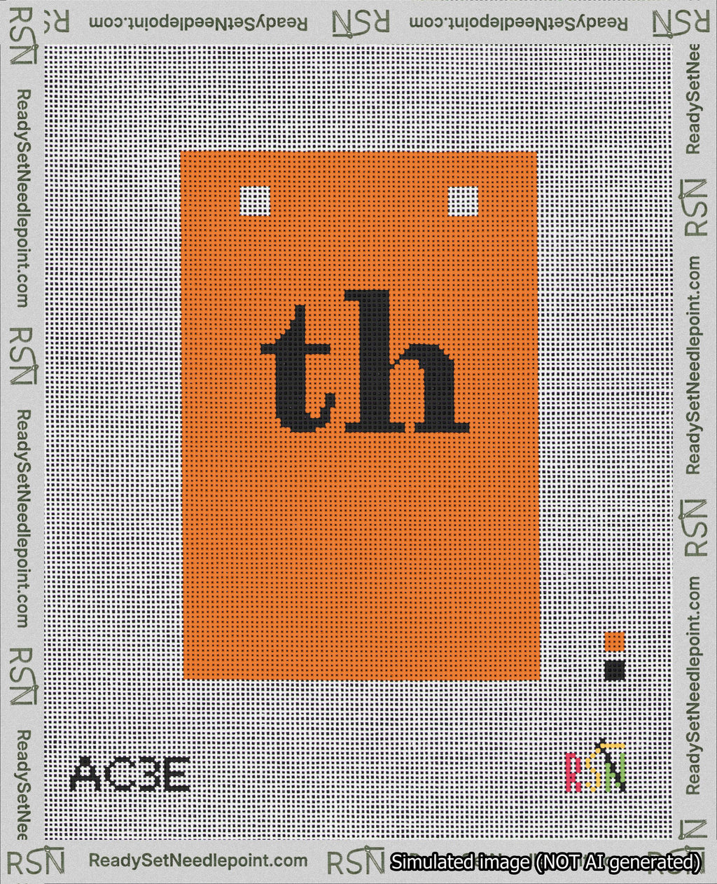 A taped needlepoint canvas with the design: Banner 18 mesh count Squared th Black on Orange.