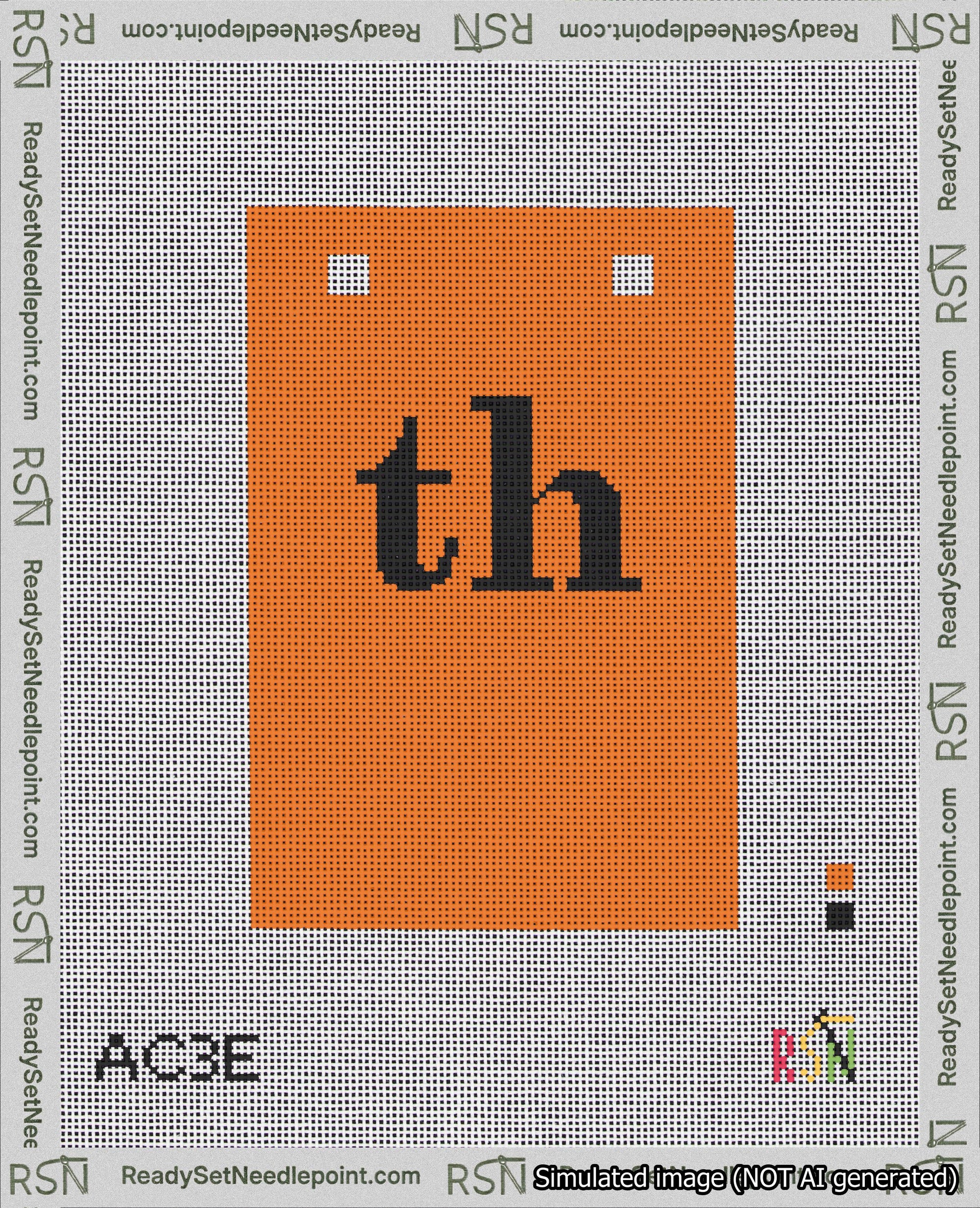A taped needlepoint canvas with the design: Banner 18 mesh count Squared th Black on Orange.