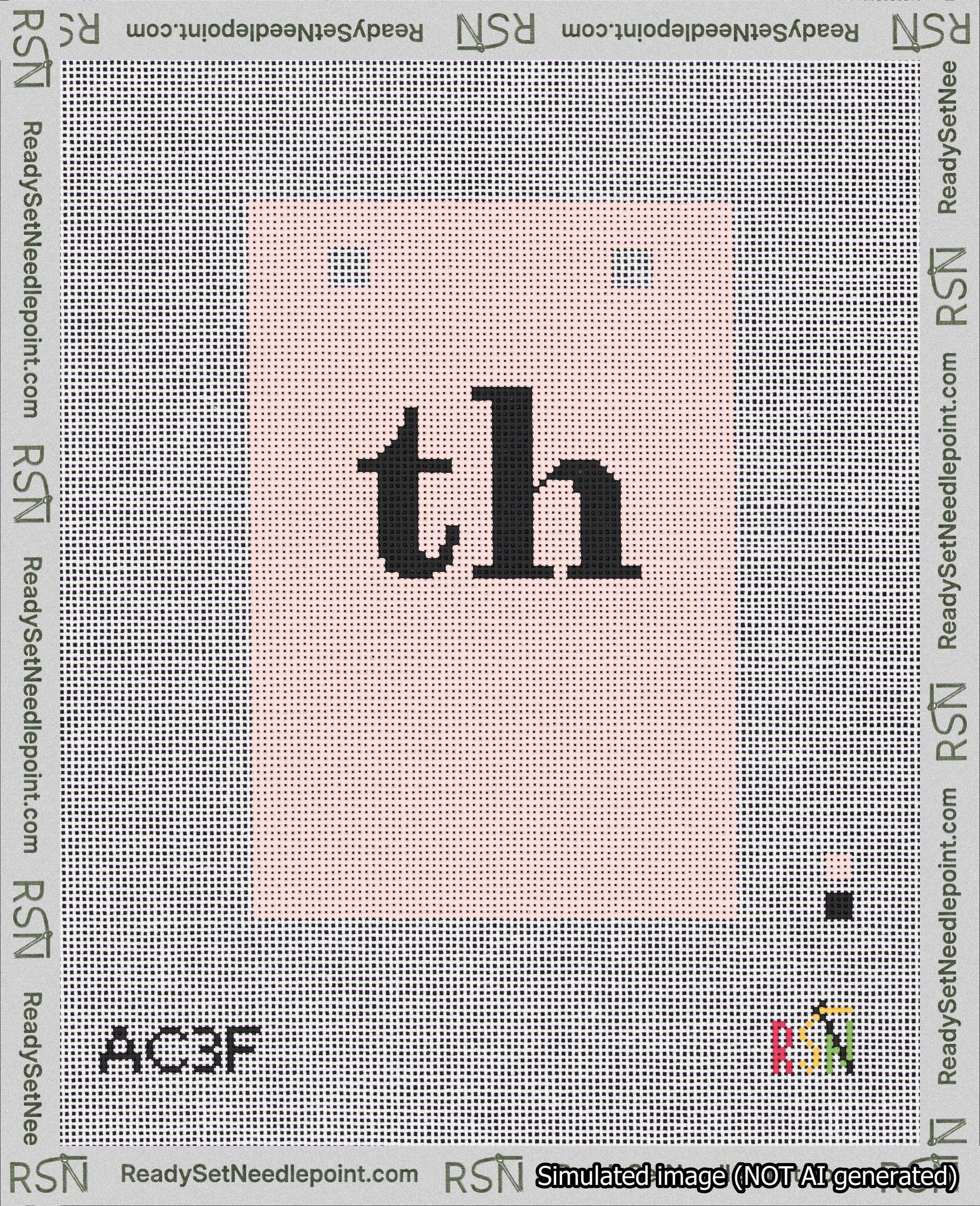 A taped needlepoint canvas with the design: Banner 18 mesh count Squared th Black on Pink.