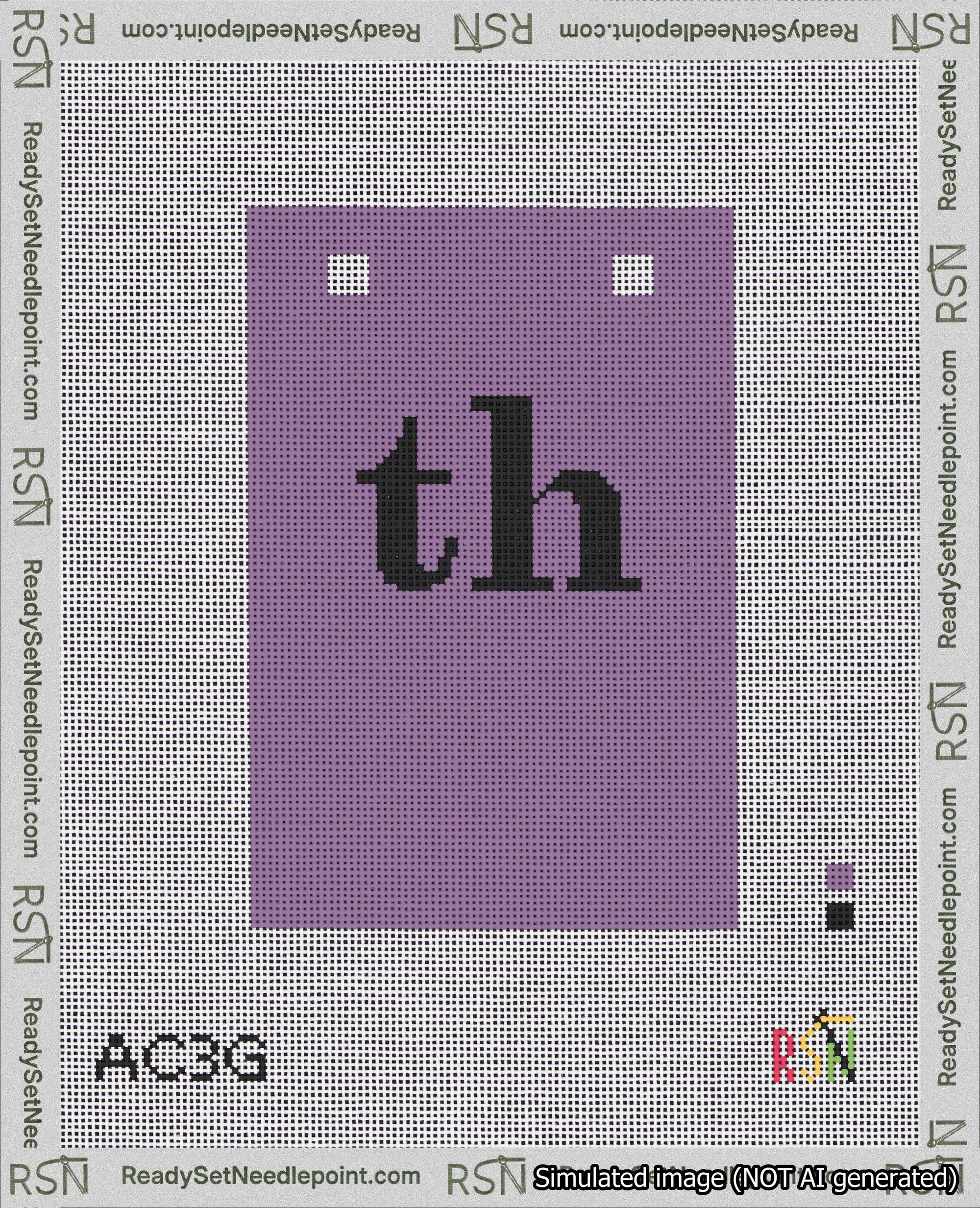 A taped needlepoint canvas with the design: Banner 18 mesh count Squared th Black on Purple.