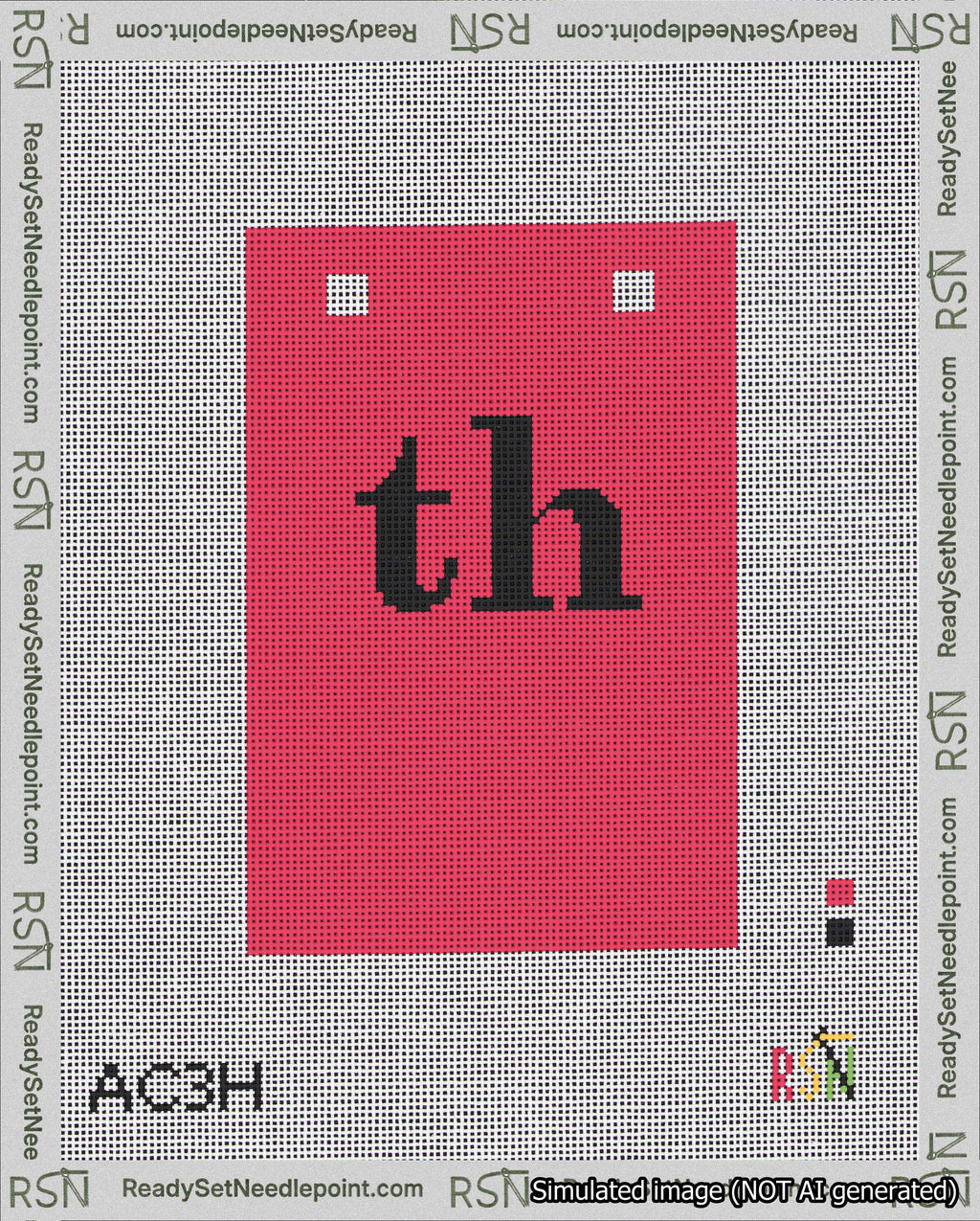 A taped needlepoint canvas with the design: Banner 18 mesh count Squared th Black on Red.