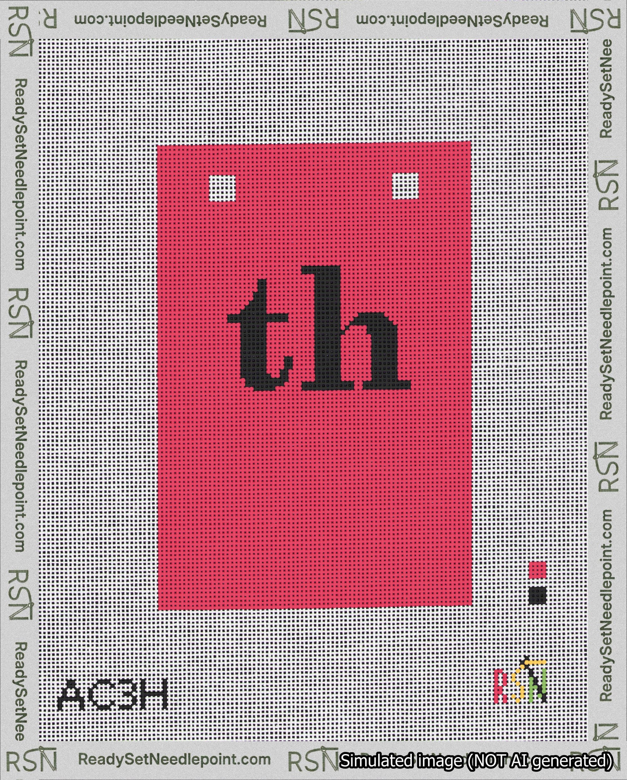A taped needlepoint canvas with the design: Banner 18 mesh count Squared th Black on Red.