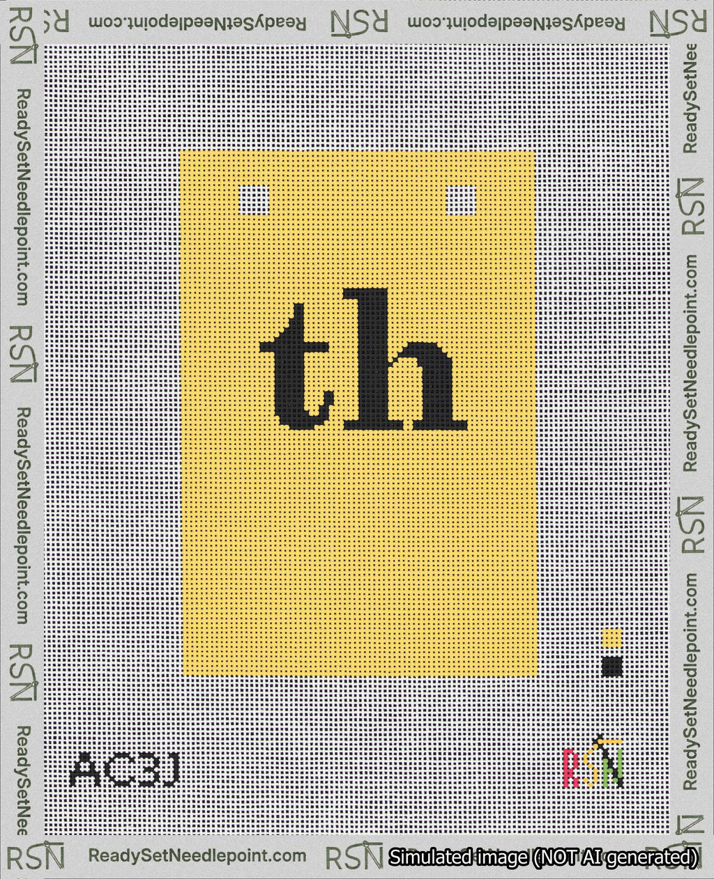 A taped needlepoint canvas with the design: Banner 18 mesh count Squared th Black on Yellow.