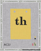 A taped needlepoint canvas with the design: Banner 18 mesh count Squared th Black on Yellow.