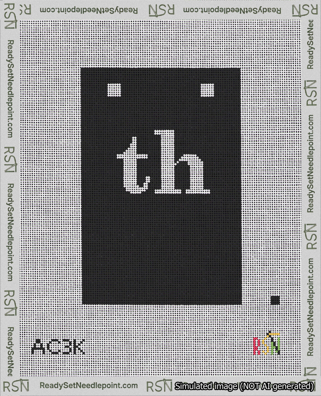 A taped needlepoint canvas with the design: Banner 18 mesh count Squared th White on Black.