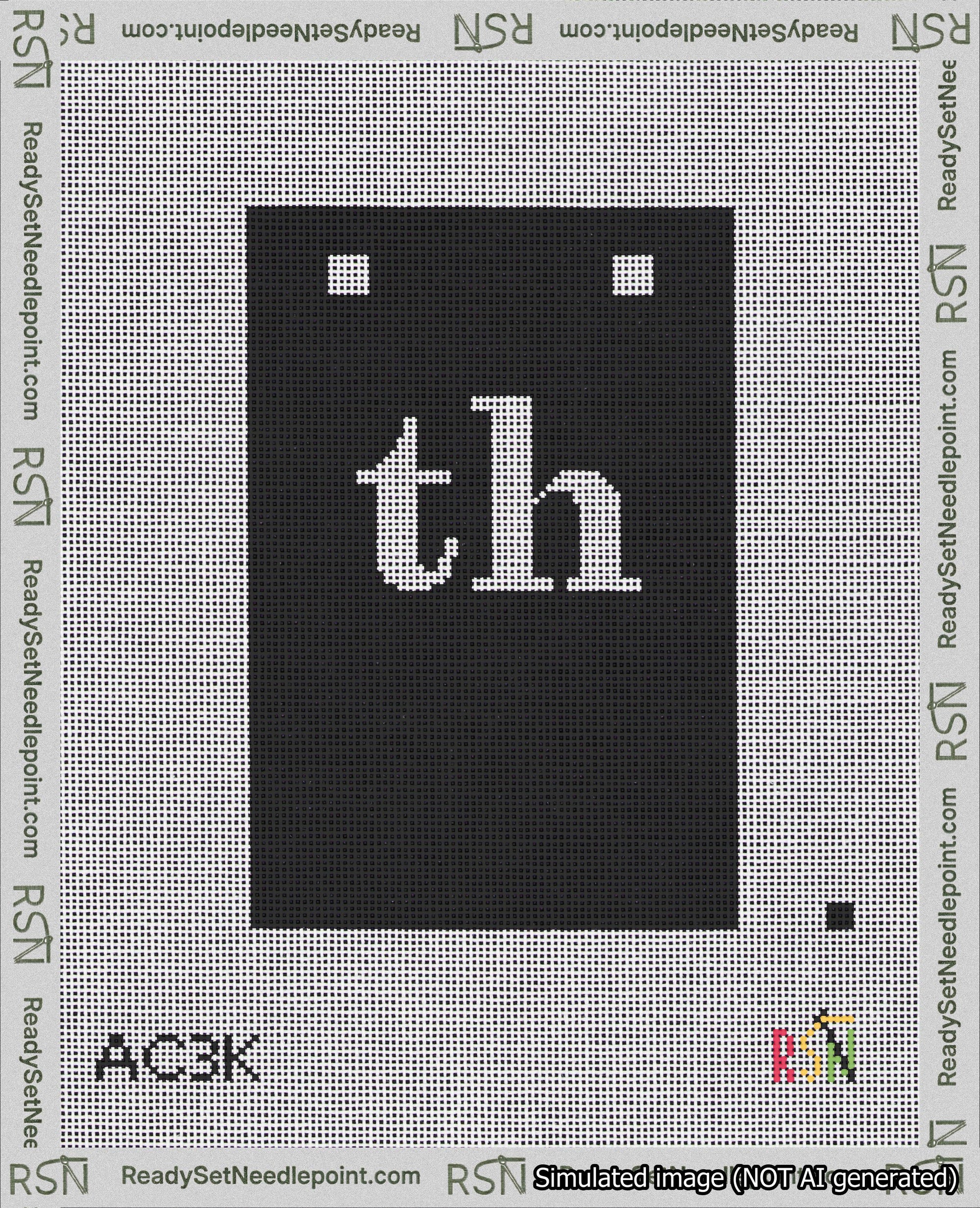A taped needlepoint canvas with the design: Banner 18 mesh count Squared th White on Black.