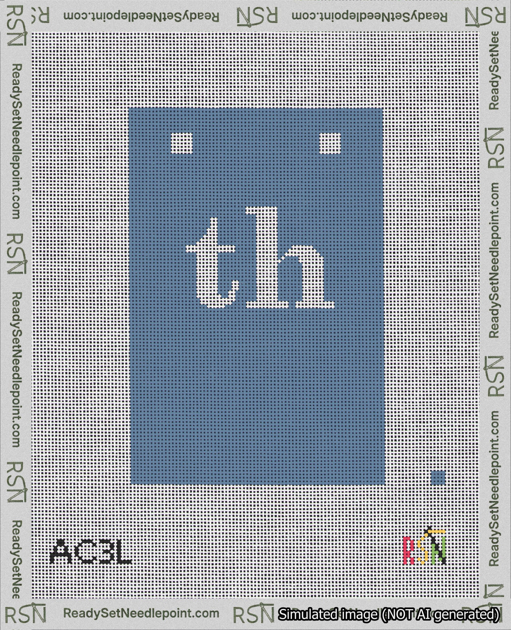 A taped needlepoint canvas with the design: Banner 18 mesh count Squared th White on Blue.