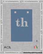 A taped needlepoint canvas with the design: Banner 18 mesh count Squared th White on Blue.