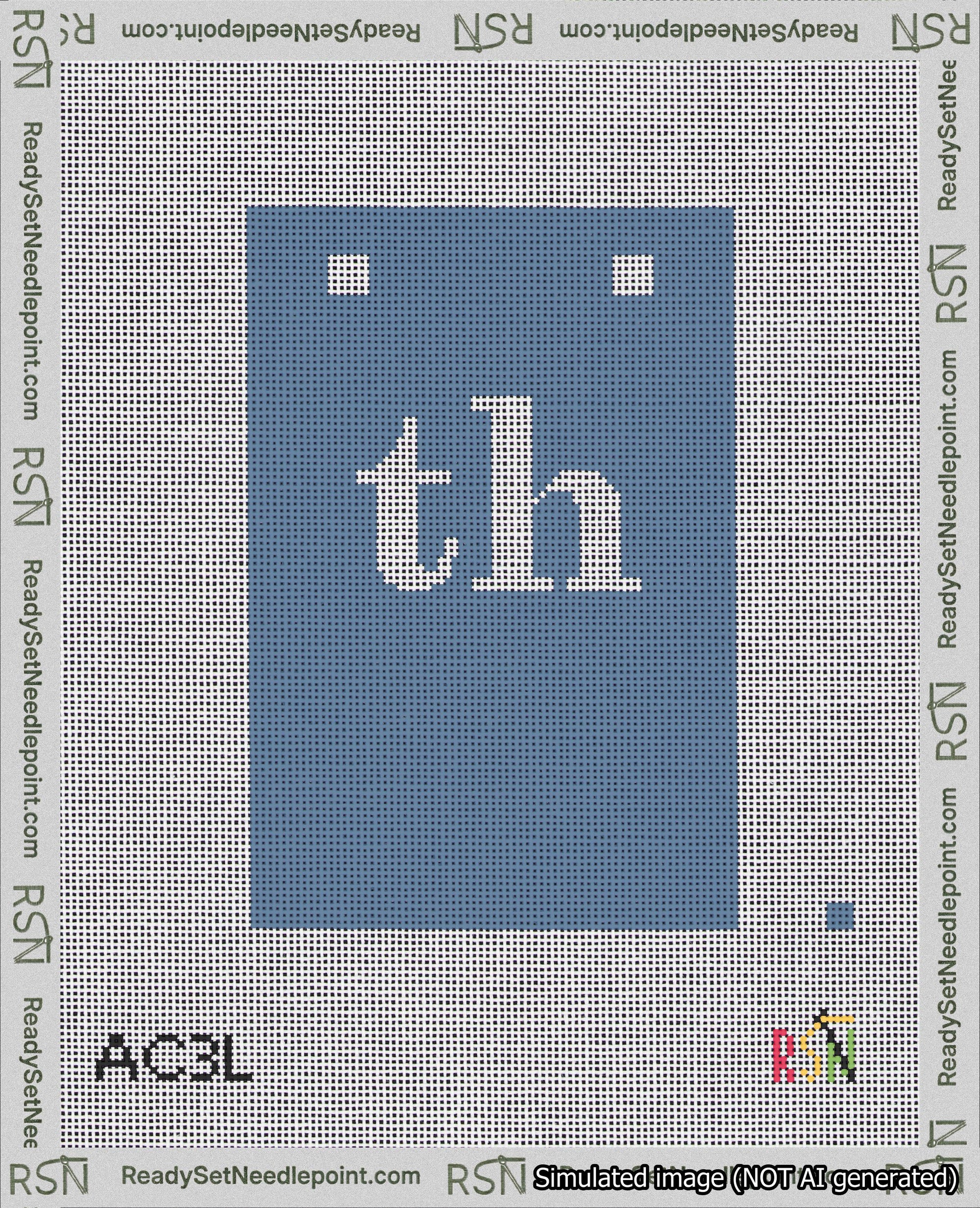 A taped needlepoint canvas with the design: Banner 18 mesh count Squared th White on Blue.