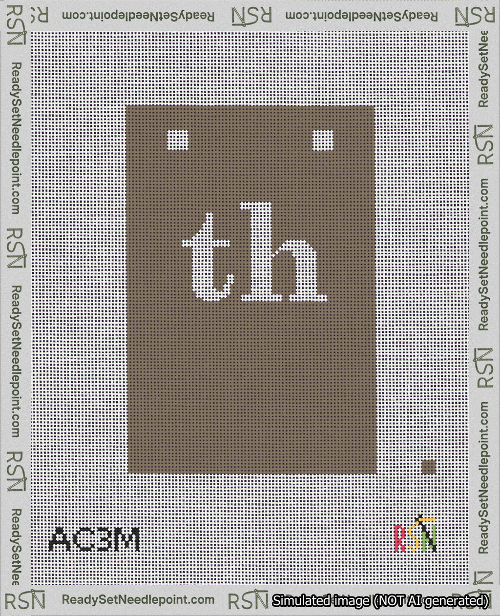A taped needlepoint canvas with the design: Banner 18 mesh count Squared th White on Brown.