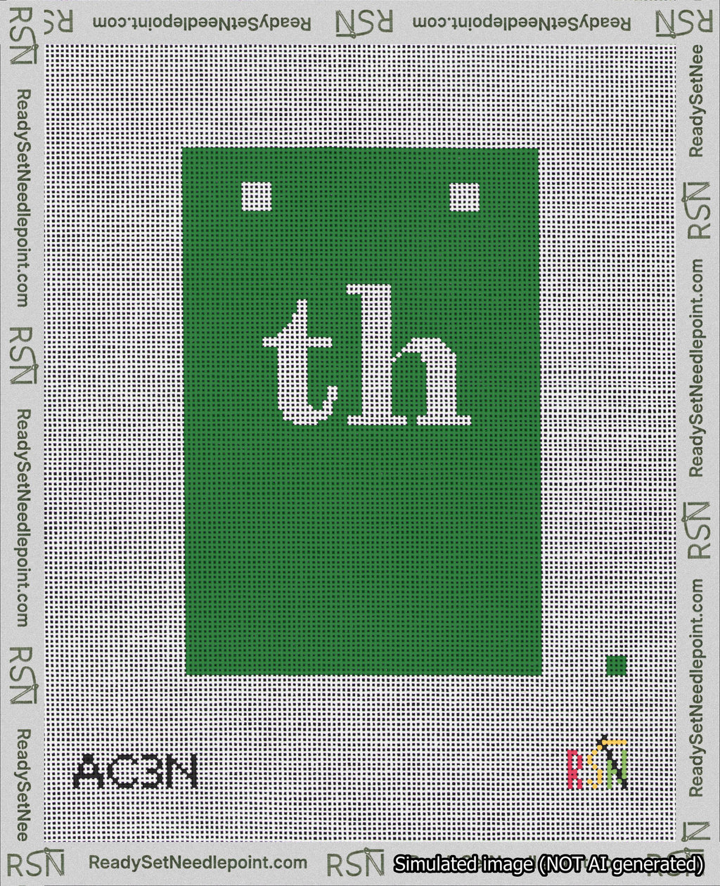 A taped needlepoint canvas with the design: Banner 18 mesh count Squared th White on Green.