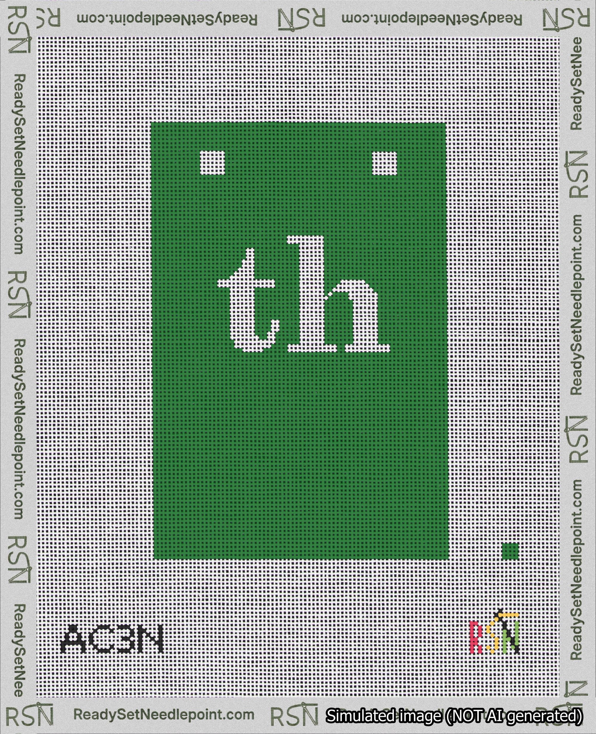 A taped needlepoint canvas with the design: Banner 18 mesh count Squared th White on Green.