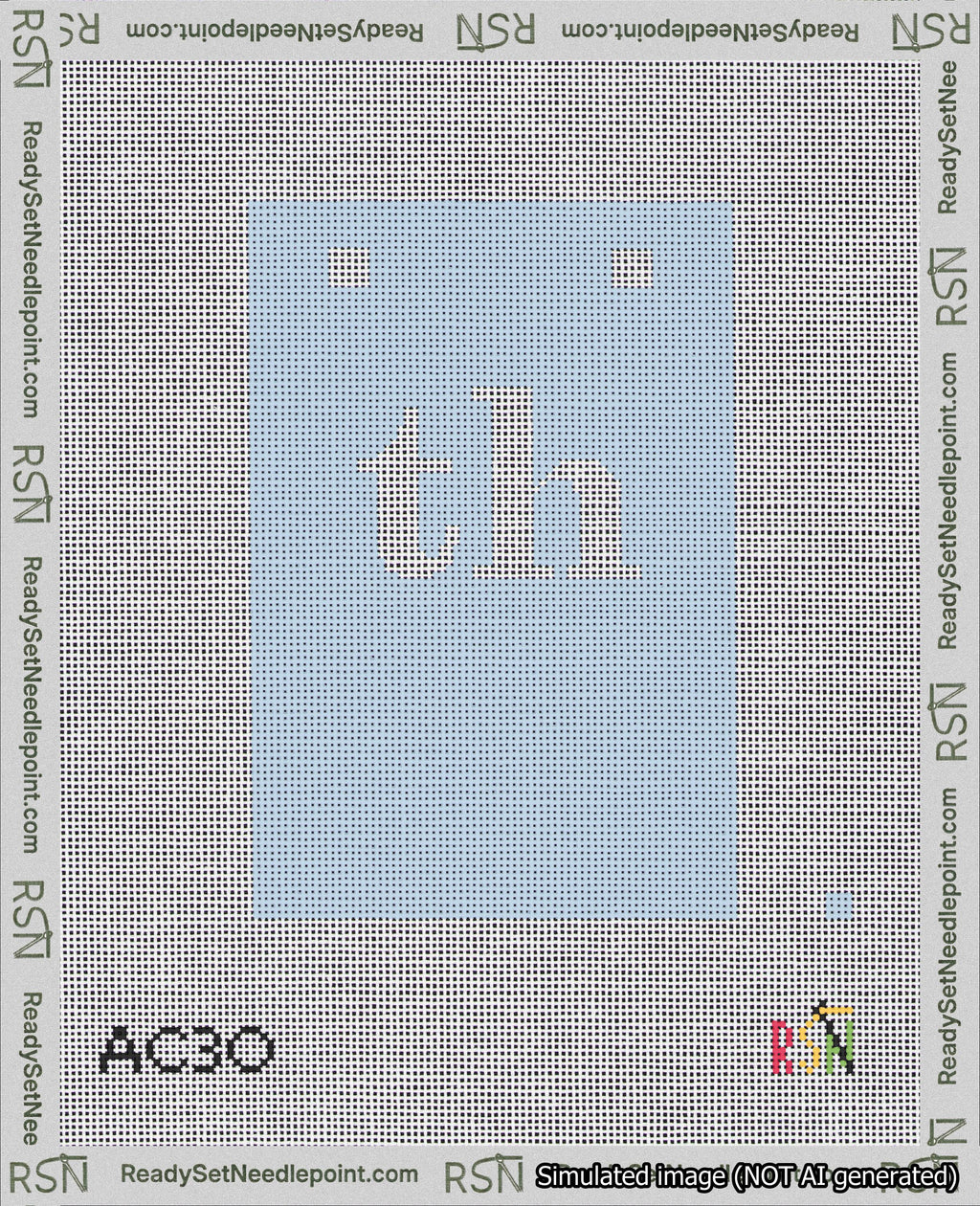 A taped needlepoint canvas with the design: Banner 18 mesh count Squared th White on Light Blue.