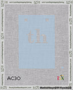 A taped needlepoint canvas with the design: Banner 18 mesh count Squared th White on Light Blue.