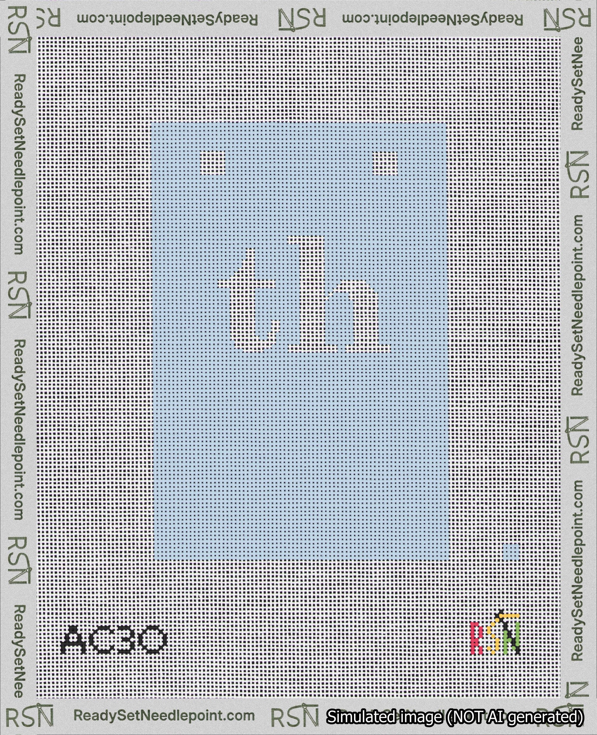 A taped needlepoint canvas with the design: Banner 18 mesh count Squared th White on Light Blue.