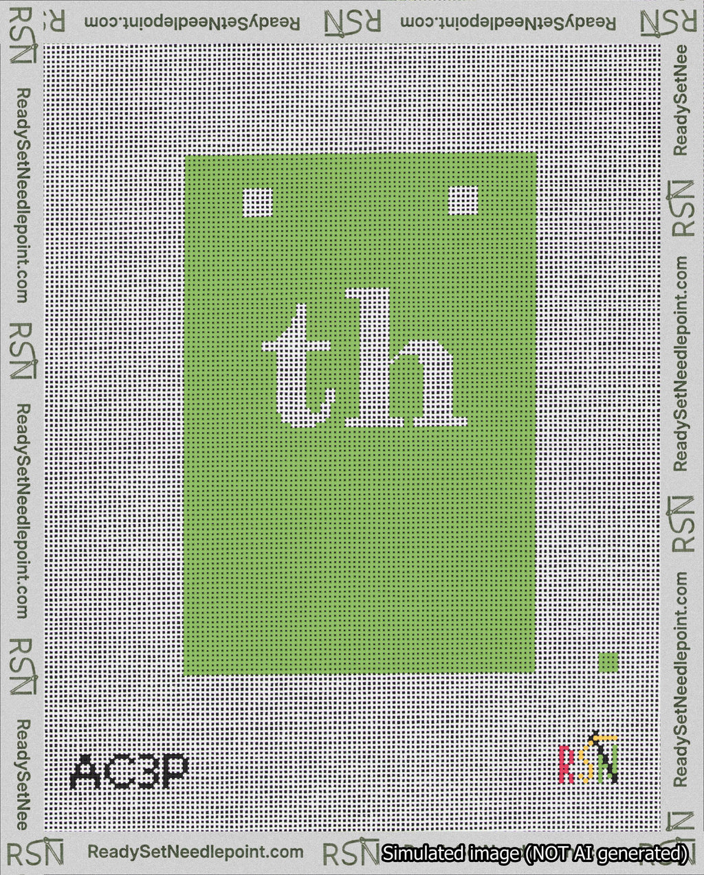 A taped needlepoint canvas with the design: Banner 18 mesh count Squared th White on Light Green.
