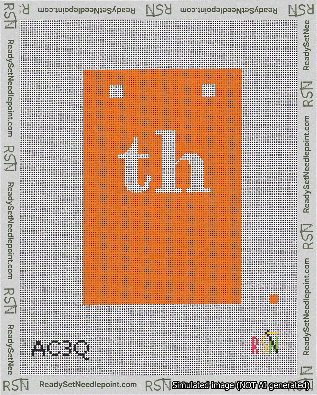 A taped needlepoint canvas with the design: Banner 18 mesh count Squared th White on Orange.