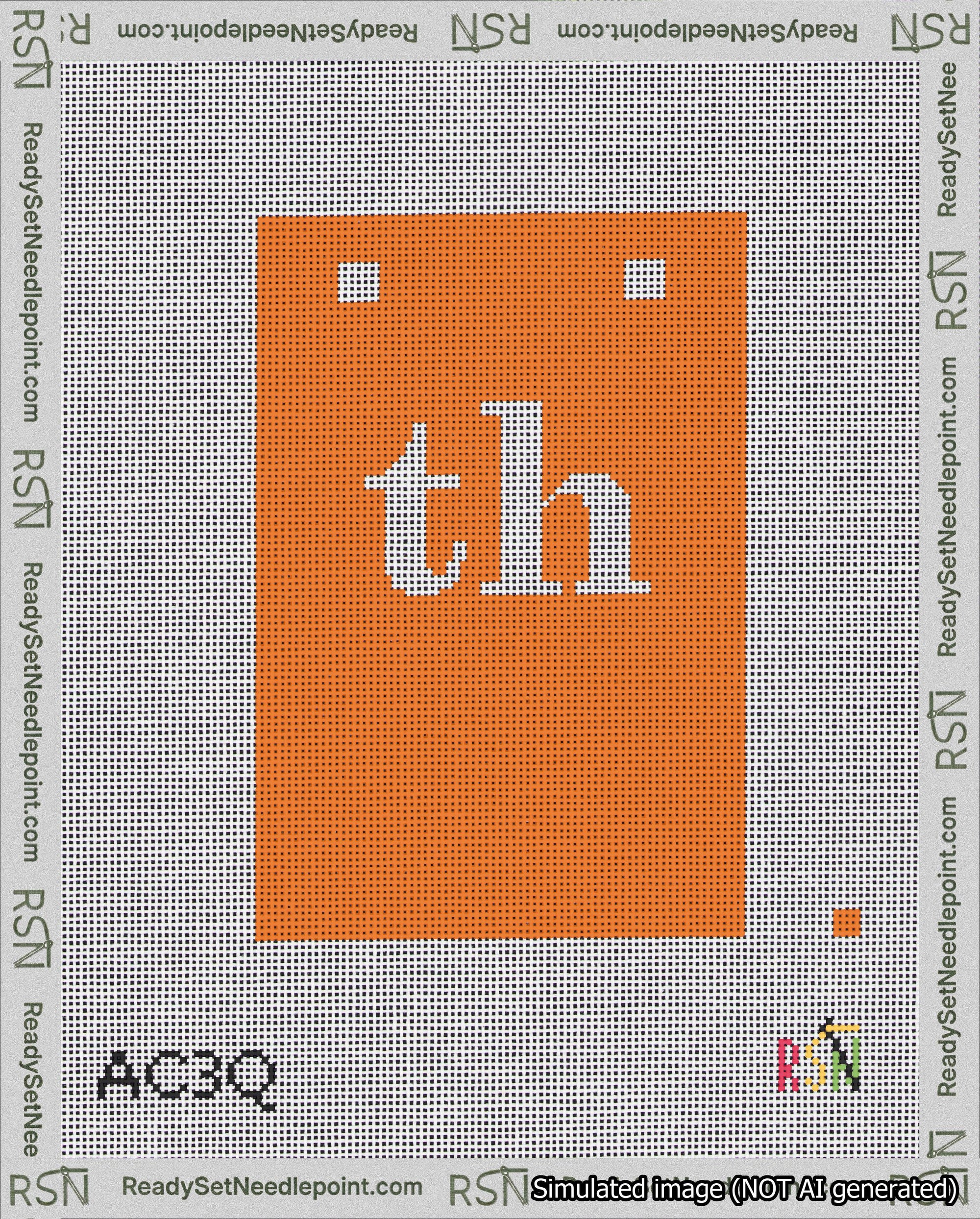 A taped needlepoint canvas with the design: Banner 18 mesh count Squared th White on Orange.