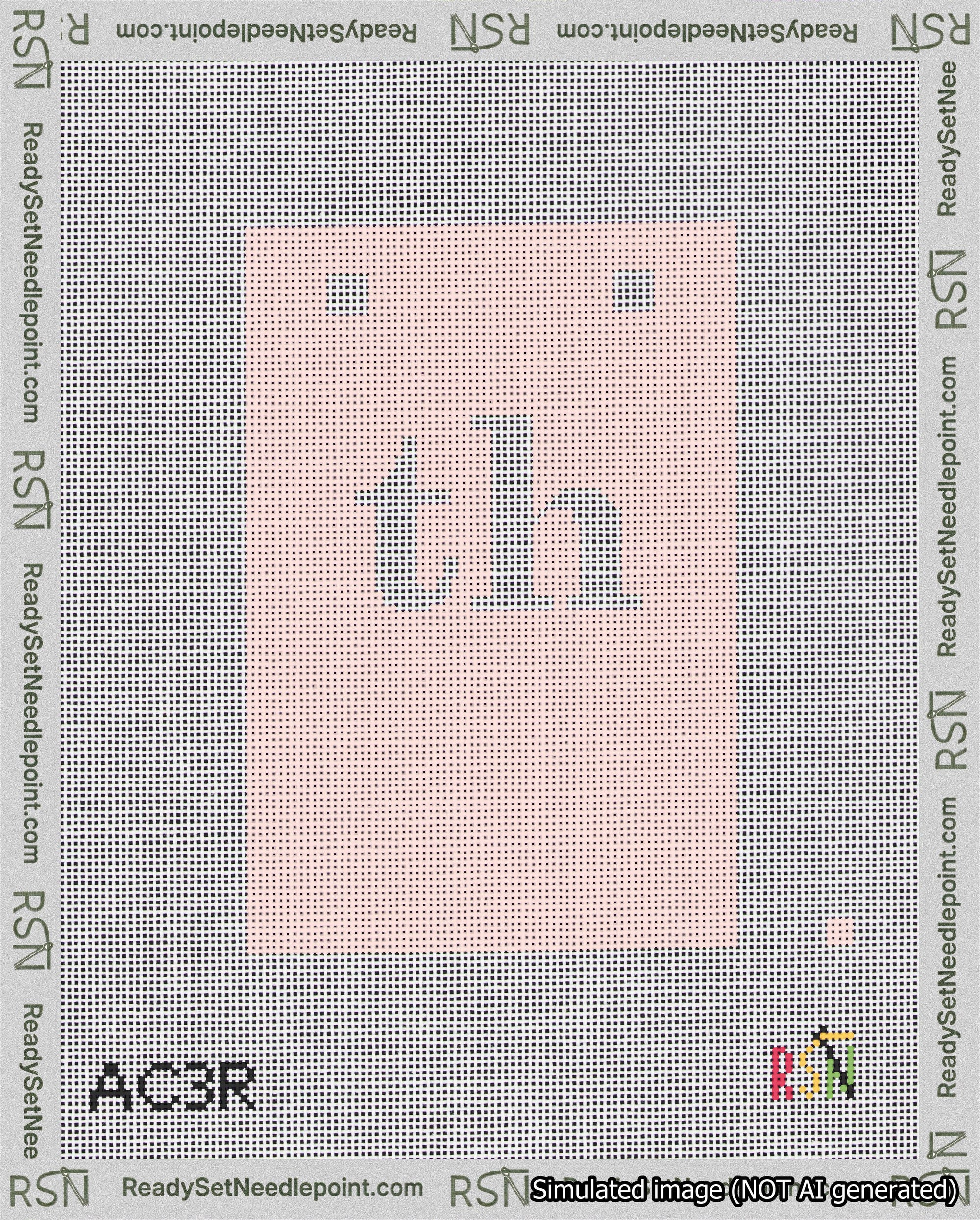 A taped needlepoint canvas with the design: Banner 18 mesh count Squared th White on Pink.