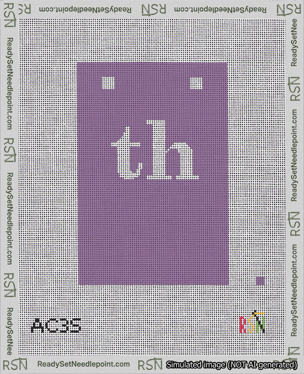 A taped needlepoint canvas with the design: Banner 18 mesh count Squared th White on Purple.