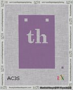 A taped needlepoint canvas with the design: Banner 18 mesh count Squared th White on Purple.