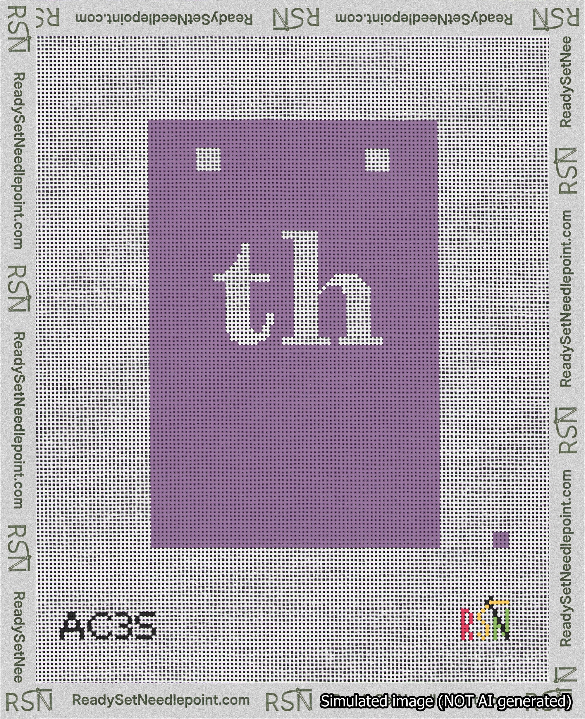 A taped needlepoint canvas with the design: Banner 18 mesh count Squared th White on Purple.