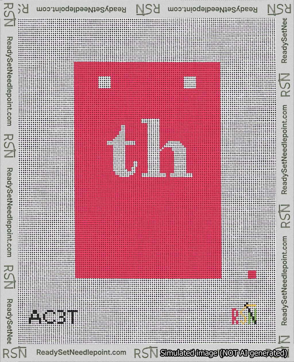 A taped needlepoint canvas with the design: Banner 18 mesh count Squared th White on Red.