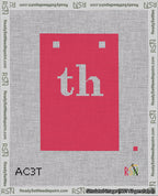 A taped needlepoint canvas with the design: Banner 18 mesh count Squared th White on Red.