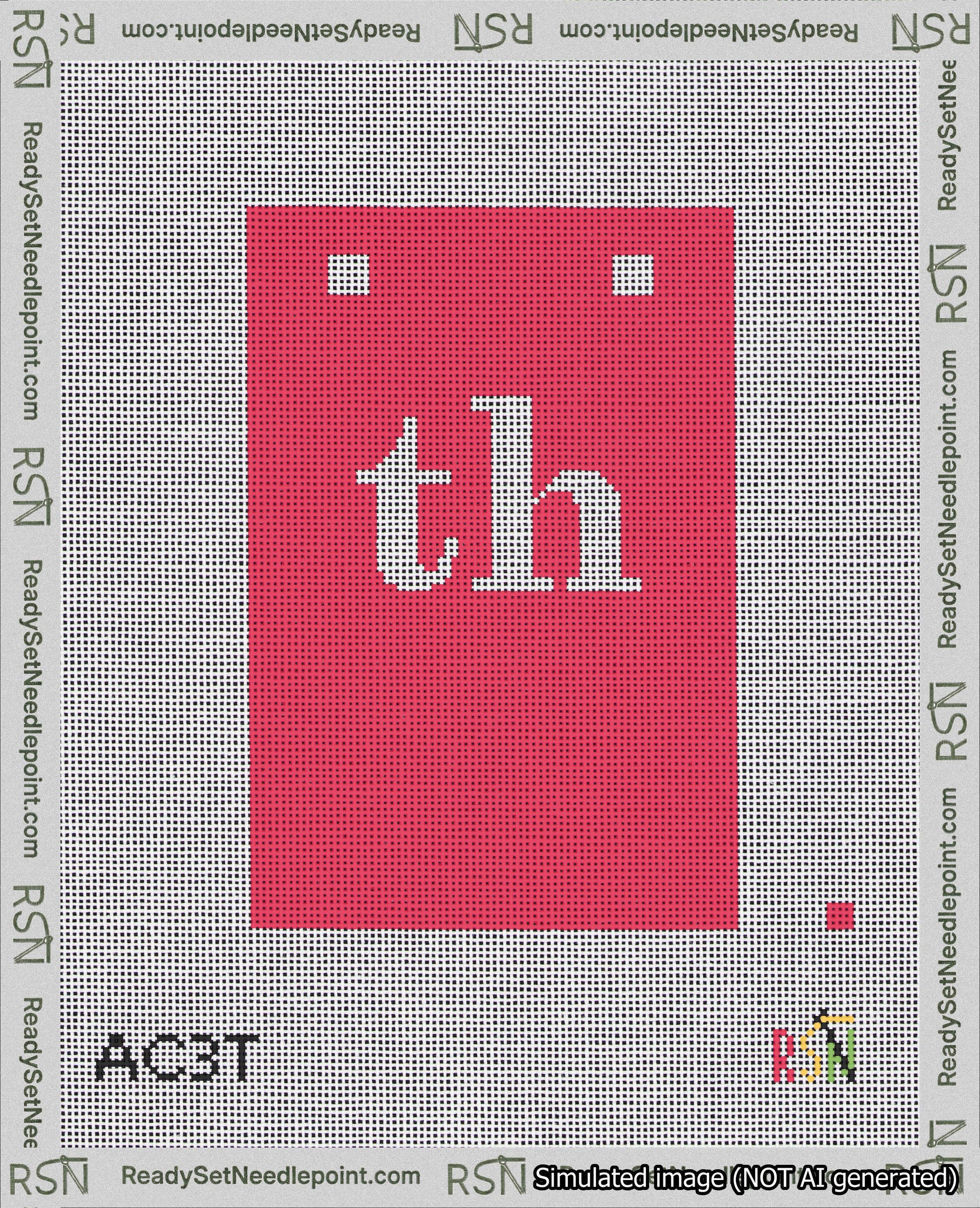 A taped needlepoint canvas with the design: Banner 18 mesh count Squared th White on Red.