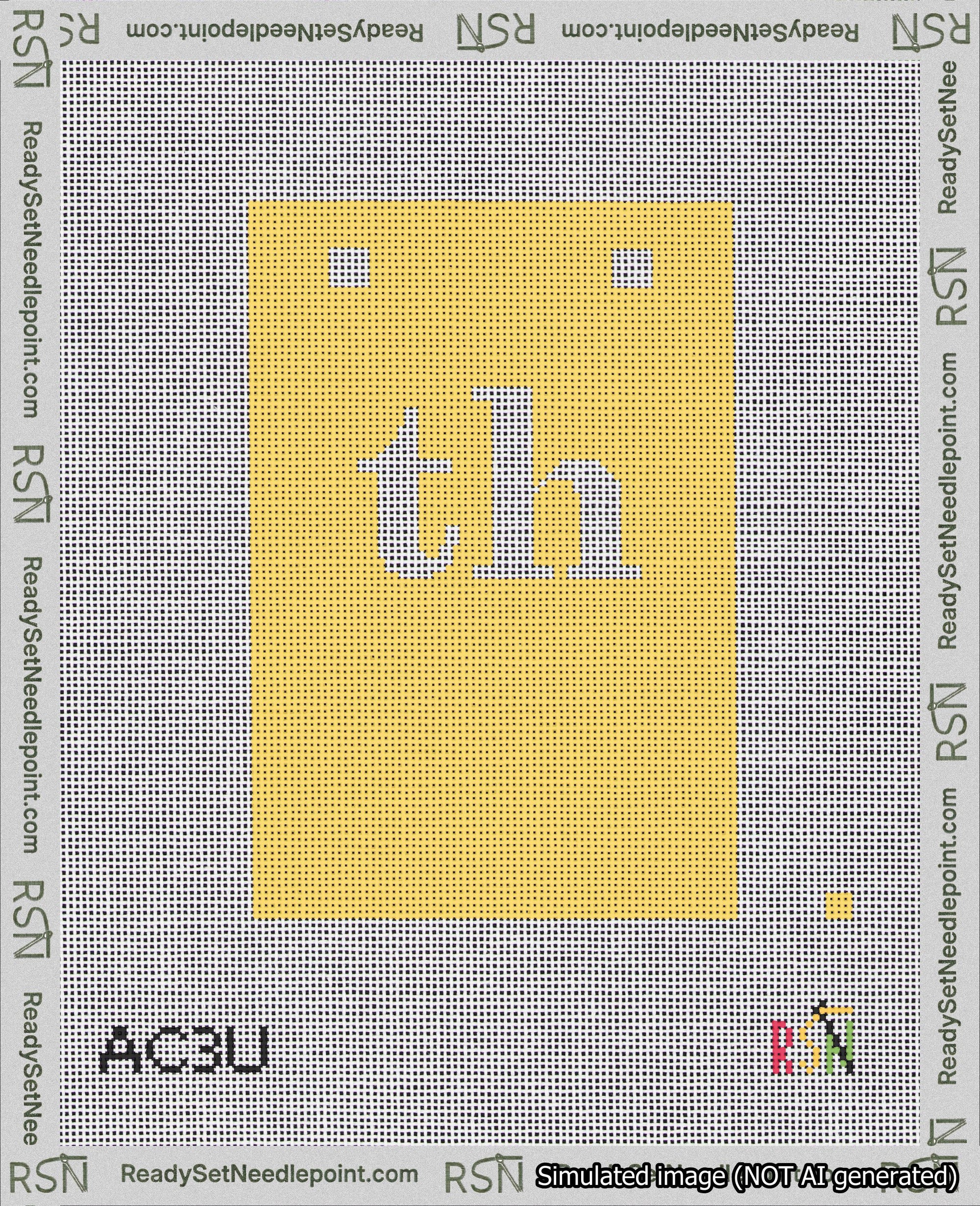 A taped needlepoint canvas with the design: Banner 18 mesh count Squared th White on Yellow.