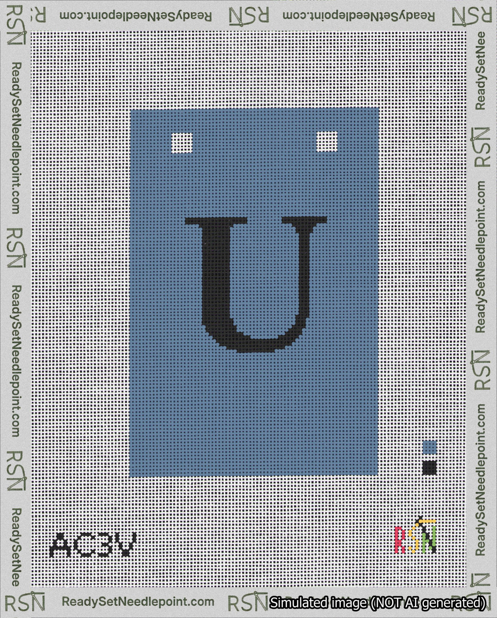 A taped needlepoint canvas with the design: Banner 18 mesh count Squared U Black on Blue.