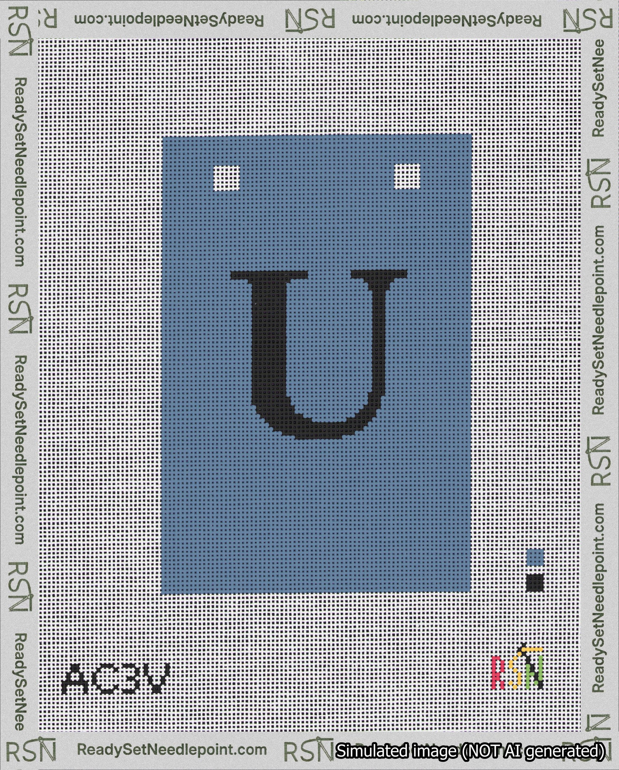 A taped needlepoint canvas with the design: Banner 18 mesh count Squared U Black on Blue.