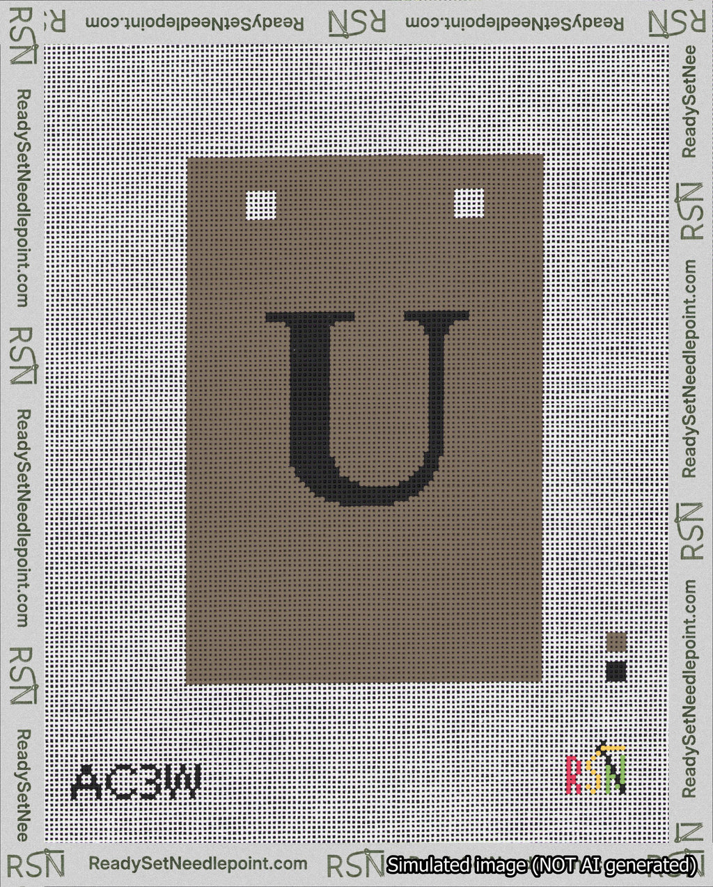 A taped needlepoint canvas with the design: Banner 18 mesh count Squared U Black on Brown.