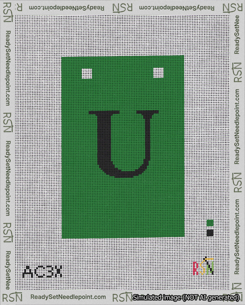 A taped needlepoint canvas with the design: Banner 18 mesh count Squared U Black on Green.