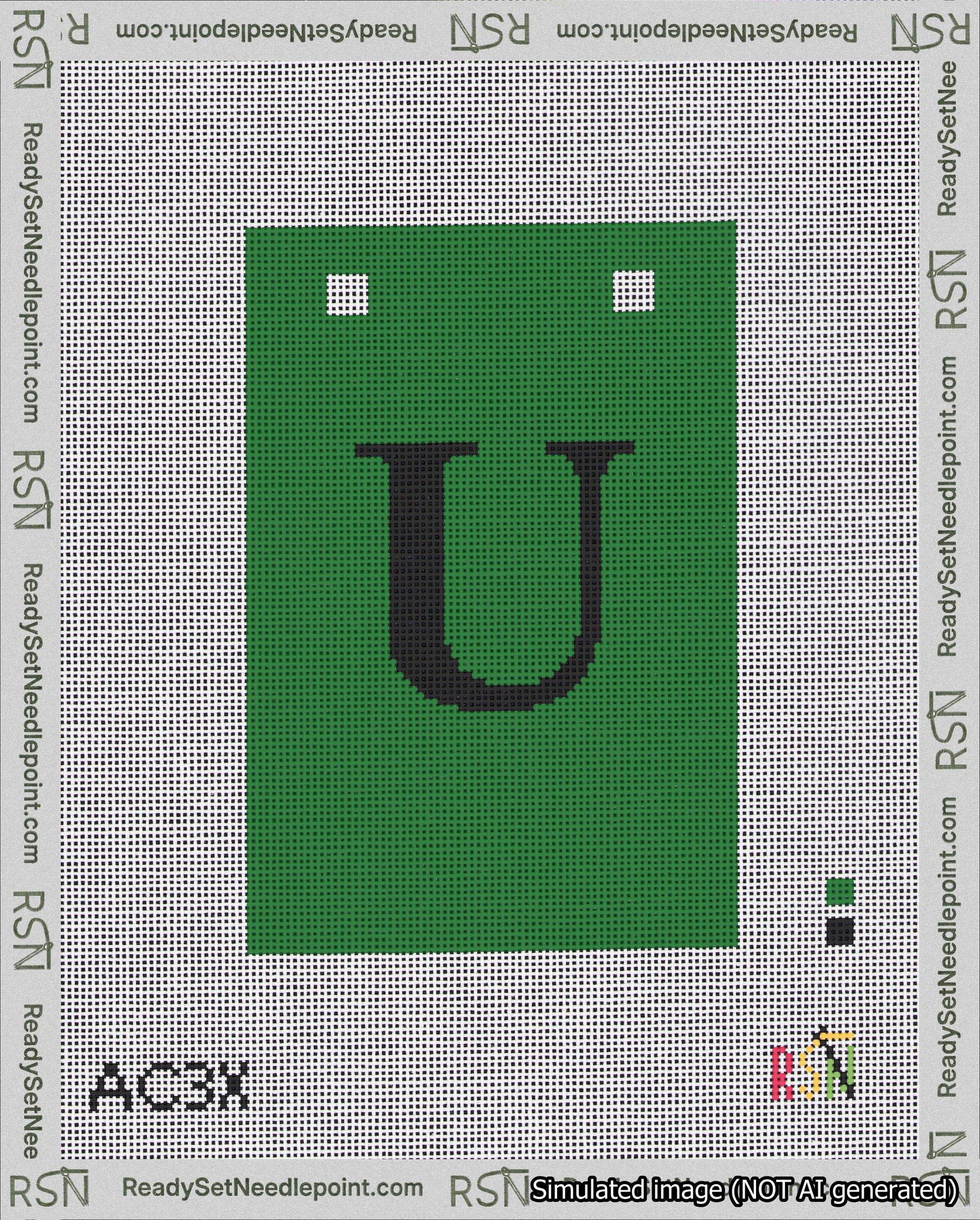 A taped needlepoint canvas with the design: Banner 18 mesh count Squared U Black on Green.