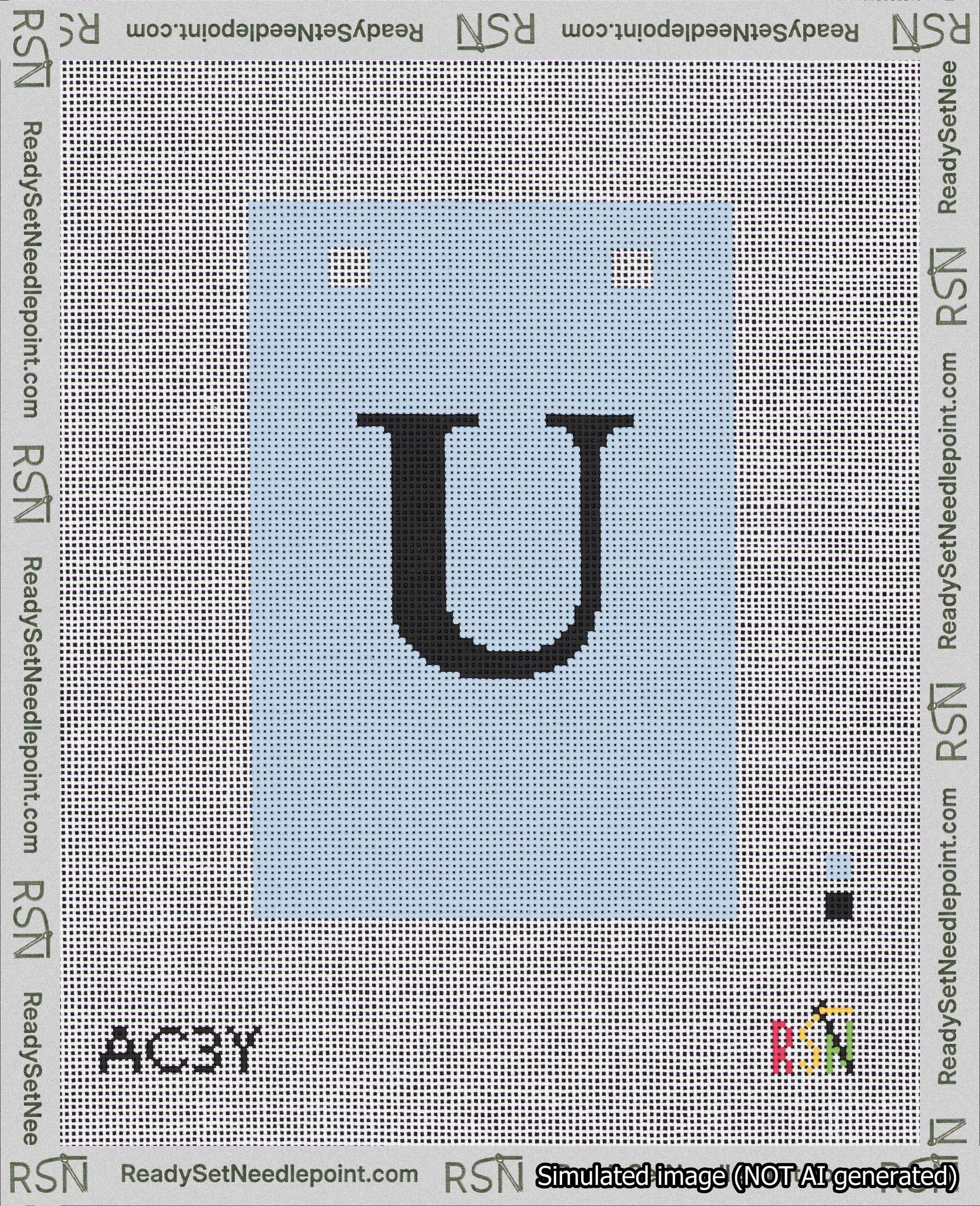 A taped needlepoint canvas with the design: Banner 18 mesh count Squared U Black on Light Blue.