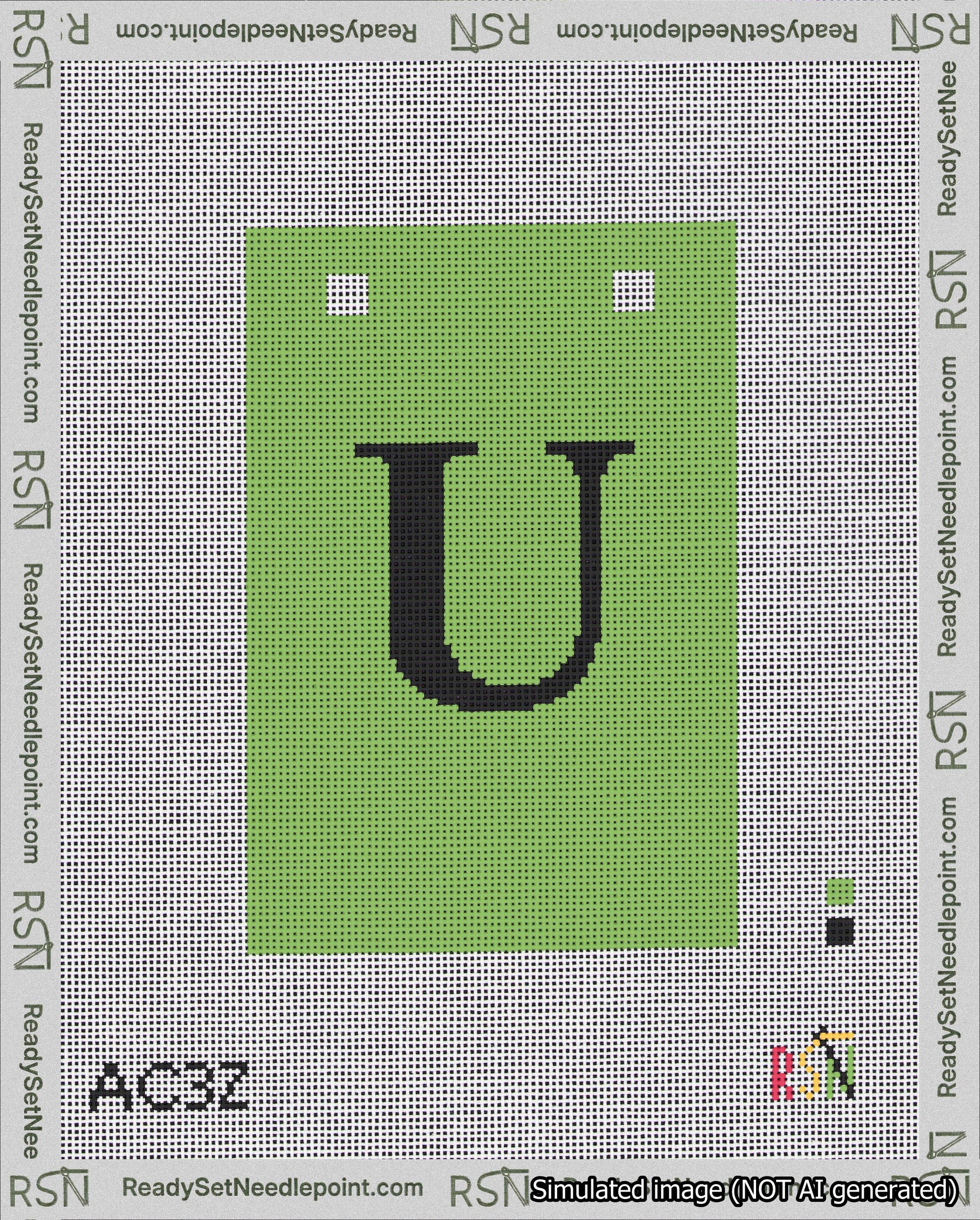 A taped needlepoint canvas with the design: Banner 18 mesh count Squared U Black on Light Green.