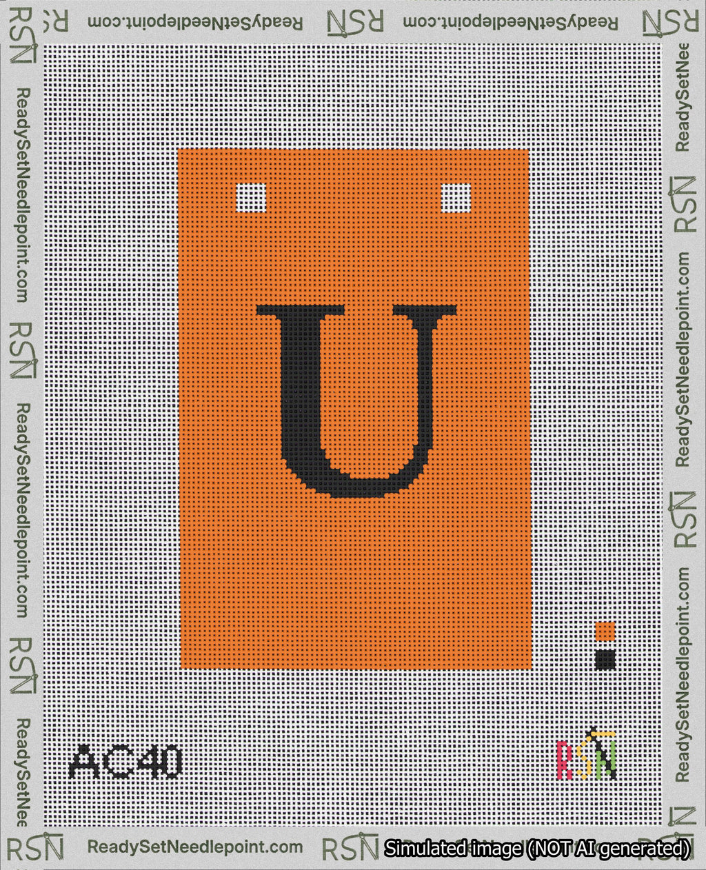 A taped needlepoint canvas with the design: Banner 18 mesh count Squared U Black on Orange.