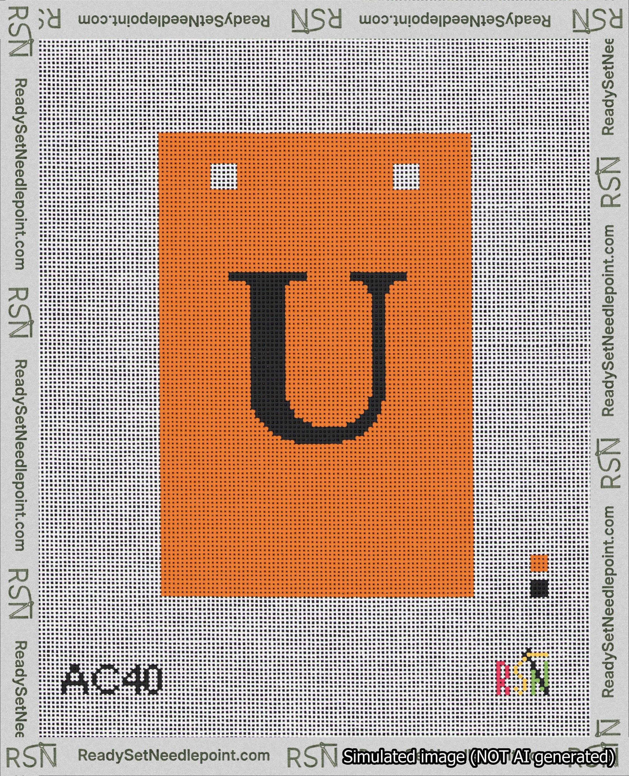 A taped needlepoint canvas with the design: Banner 18 mesh count Squared U Black on Orange.