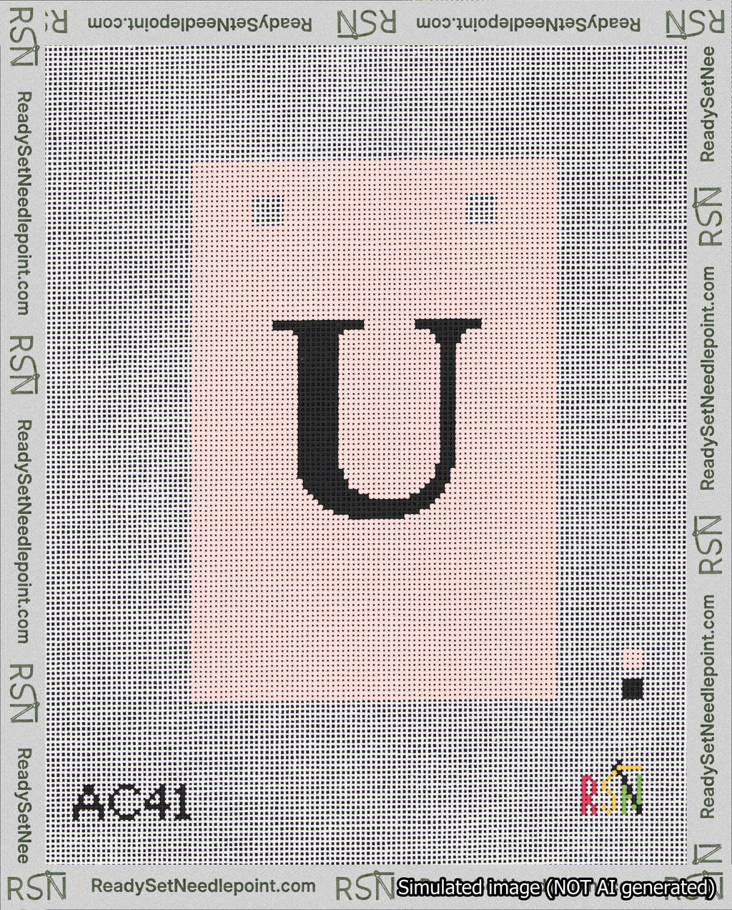 A taped needlepoint canvas with the design: Banner 18 mesh count Squared U Black on Pink.